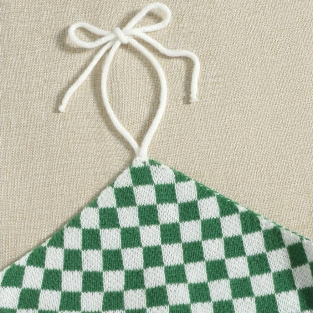 -NWOT | Self Tie Backless Checked Pattern Knit Top| Medium | Green - Picture 6 of 6